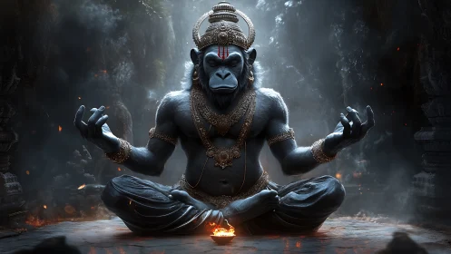 Simian humanoid figure sits cross-legged in a dim cavern