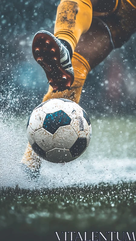 High-speed football kick captured in dynamic rain-soaked closeup