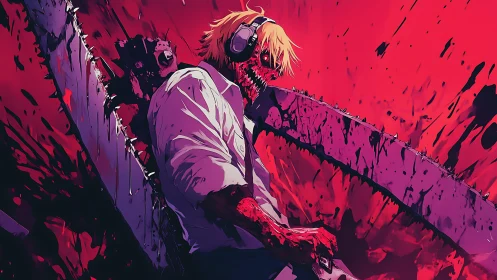 Blood soaked chainsaw headed warrior in red chaos scene