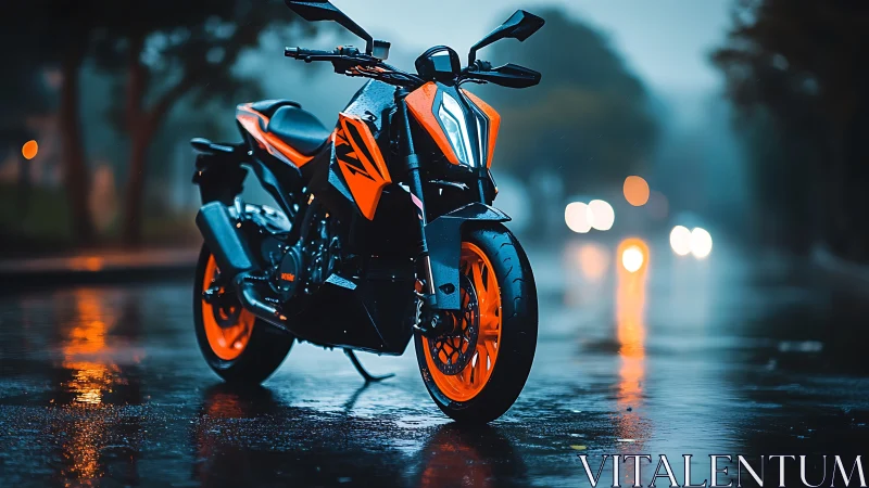 Orange sport motorcycle on wet city street at dusk.