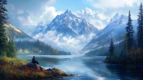 Solitary figure facing vast alpine lake and snowy mountains.