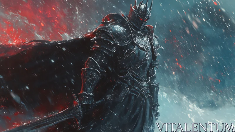 Armored dark knight in blizzard with glowing red eyes poised