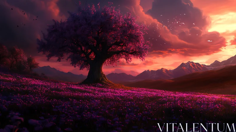 Solitary pink tree in glowing sunset mountain valley.
