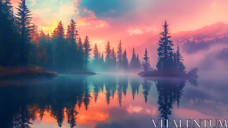 Digital landscape depicts misty conifer lake at sunrise