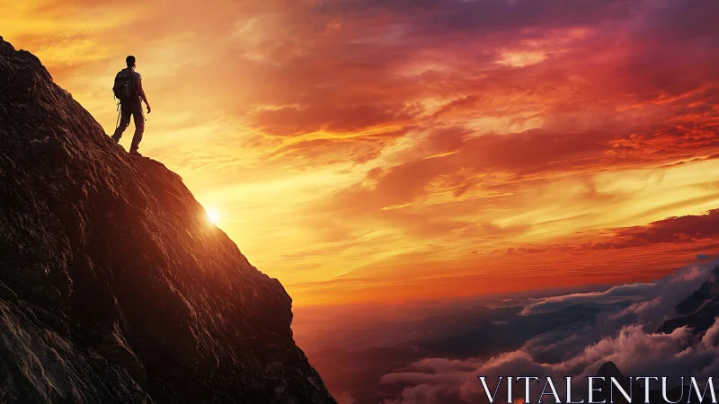 Sunlit mountaineer silhouetted on steep ridgeline at dusk.
