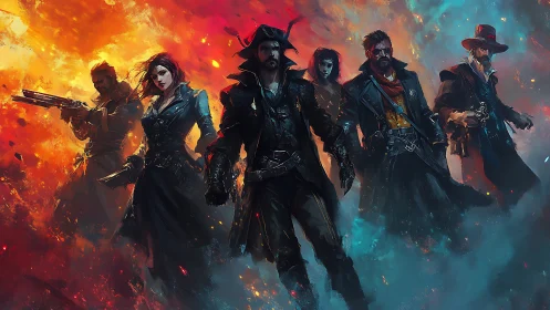 Storm-forged outlaws stride through fire and frost.