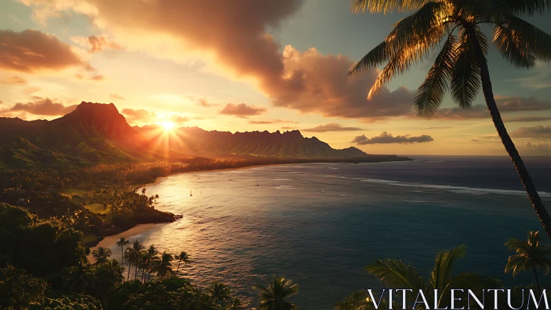 Golden sunset pours warmth over a tranquil tropical bay