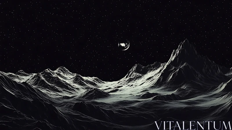 Monochrome extraterrestrial mountain terrain under a star field