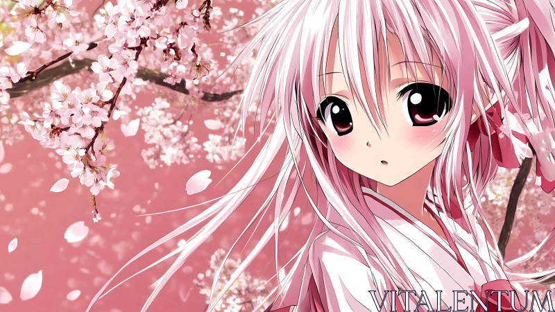 Soft pink blossoms and curious anime girl in springtime hush.
