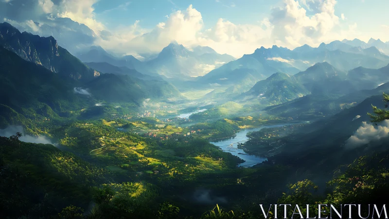 Panoramic alpine river valley under volumetric morning light