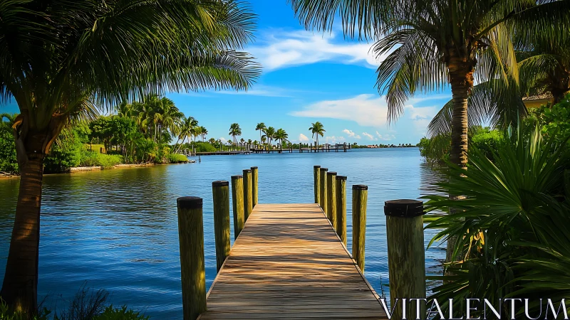 Wooden Dock Extending Into Tranquil Blue Waterway with Palm Trees