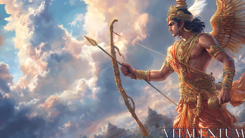 Winged celestial archer aims gilded bow against radiant sky