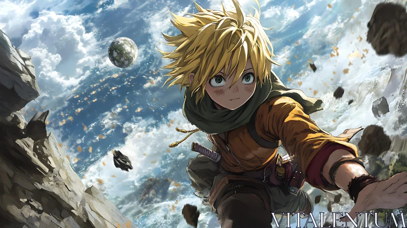 Blond anime adventurer climbs rocky cliff above cloudscape