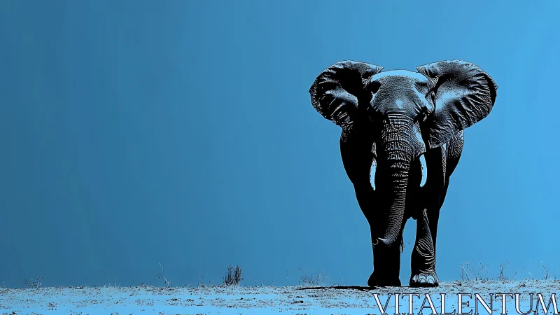 Bold stylized elephant standing alone on blue ground.