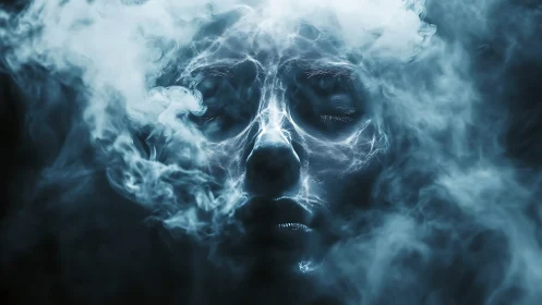 Human face obscured by swirling blue smoke in darkness.