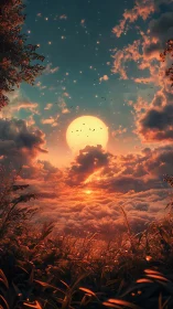 Celestial horizon sunset above clouds with glowing foliage.