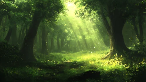 Sunlit Forest Path Through Ancient Trees.