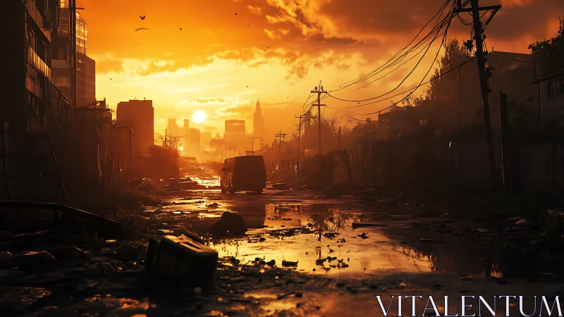 Sunlit flooded urban street shows derelict infrastructure