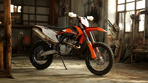 Off-road dirt bike stands ready in a sunlit, gritty workshop
