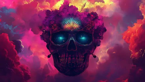 Nebula-crowned skull drifts in electric cosmic clouds.