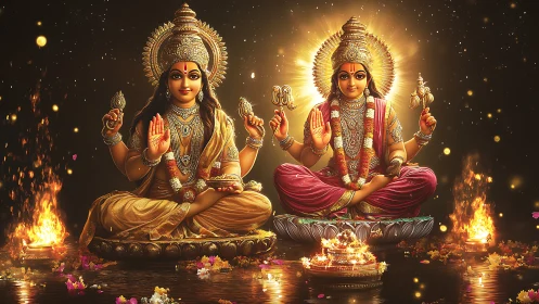 Divine Hindu deities glow in golden light amid sacred flames.