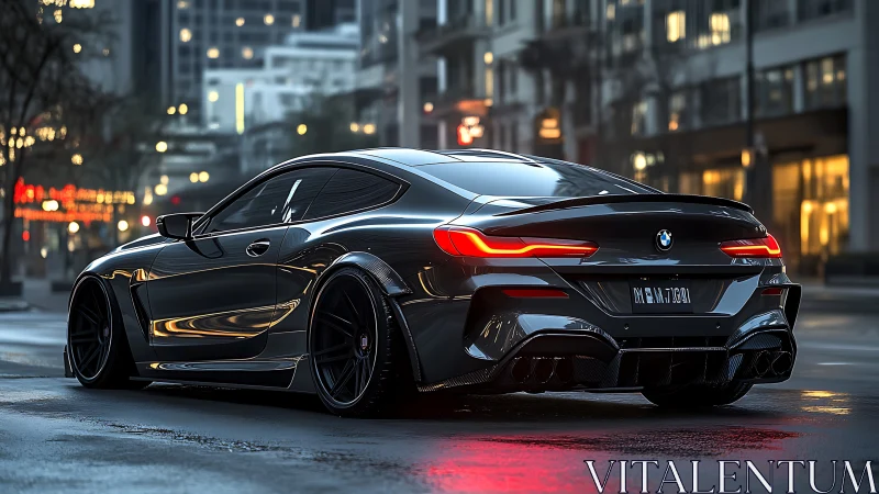 Black BMW coupe parked on wet city street at dusk.