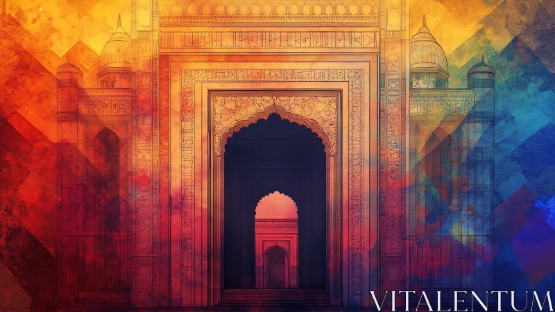 Radiant geometric gateway frames ornate Mughal arches beautifully.