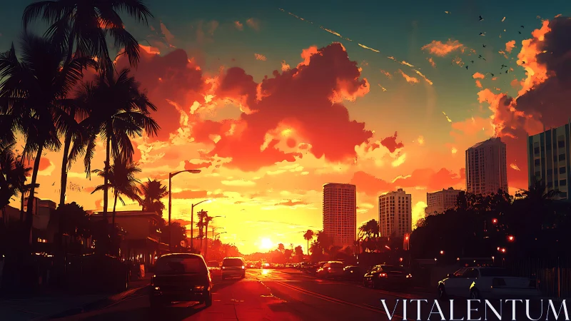 Neon sunset over palm-lined city boulevard traffic scene.