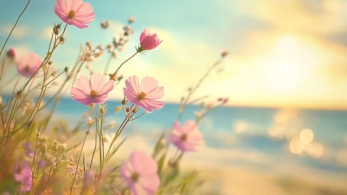Pink cosmos flowers swaying under golden sunset light