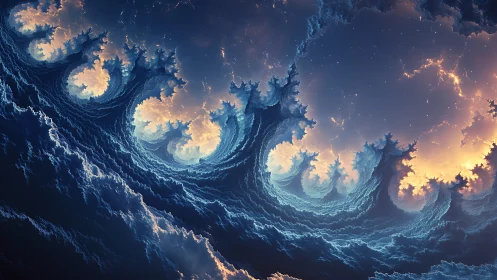 Fractal storm clouds spiral into luminous atmospheric vortex