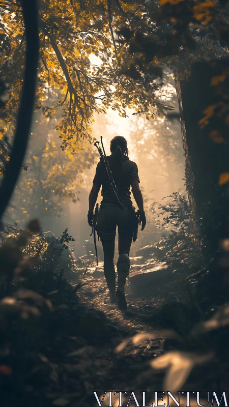 Lone forest huntress strides through molten morning light.