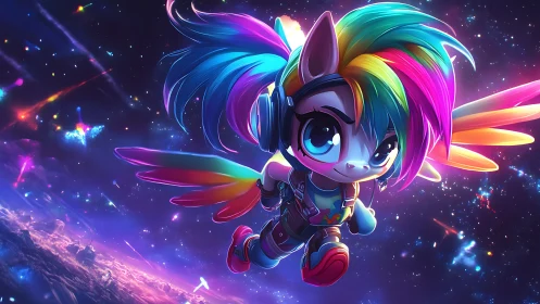 Rainbow-maned space pony soars confidently through neon stars
