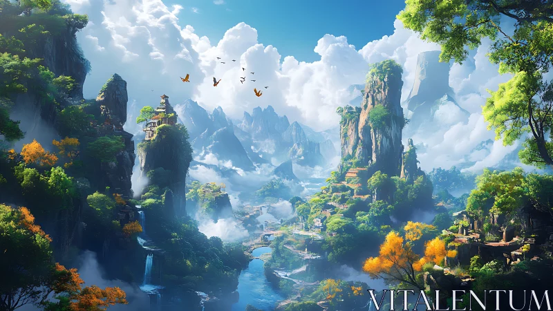 Atmospheric mountain megastructure valley with layered waterfalls.