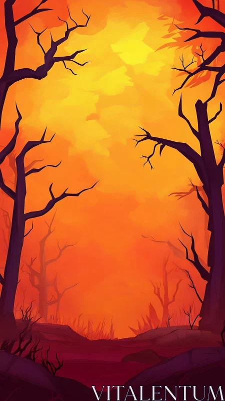 Bare Trees Forest Landscape with Dramatic Orange Sky and Sunset