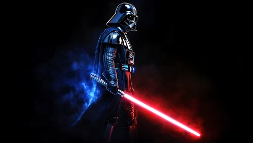 Dark armored figure ignites red energy blade in void.