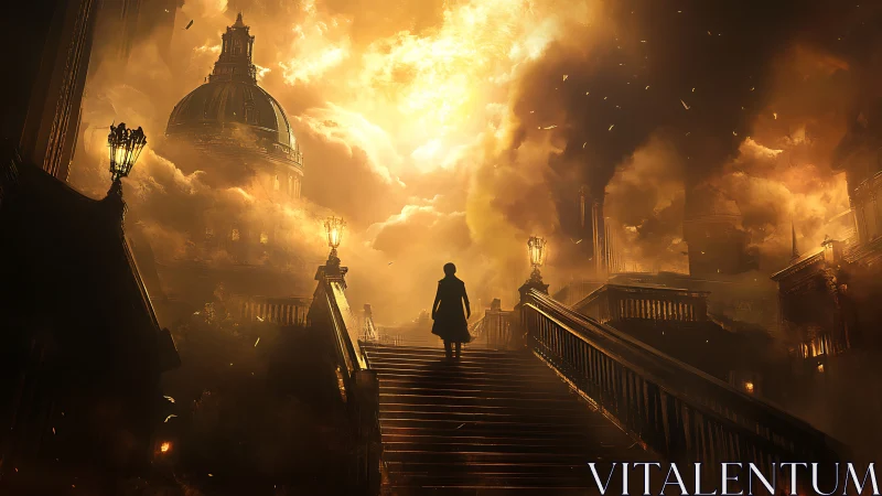 Solitary figure crossing illuminated bridge toward monumental domed structure