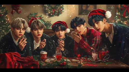 Five young men at cozy Christmas holiday table scene.