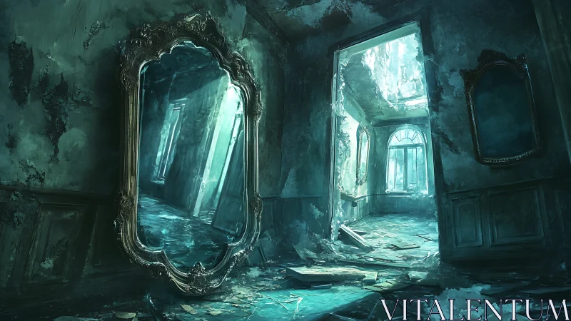 Haunted mirror hall bathed in eerie blue forgotten light.