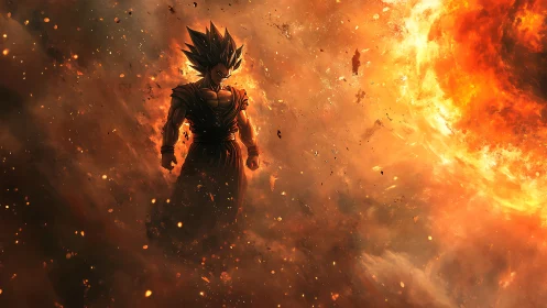 Fiery anime warrior stands strong against a blazing cosmic storm
