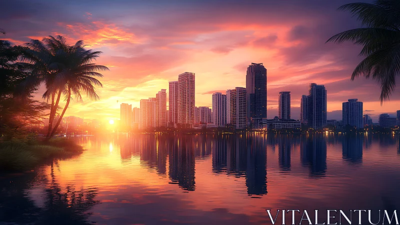 Tropical waterfront skyline at sunset with reflective high‑rises