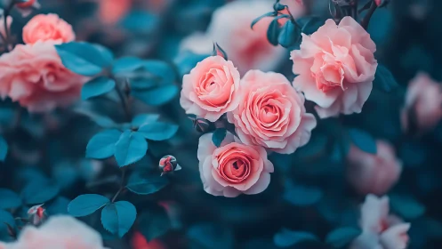 Pink Roses with Teal Foliage in Soft Focus.