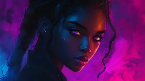 Neon-lit cyber muse stares through glowing violet haze.