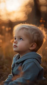 Child gazes upward bathed in warm golden sunlight