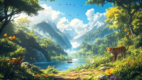 Digital landscape shows river, tigers and distant mountains