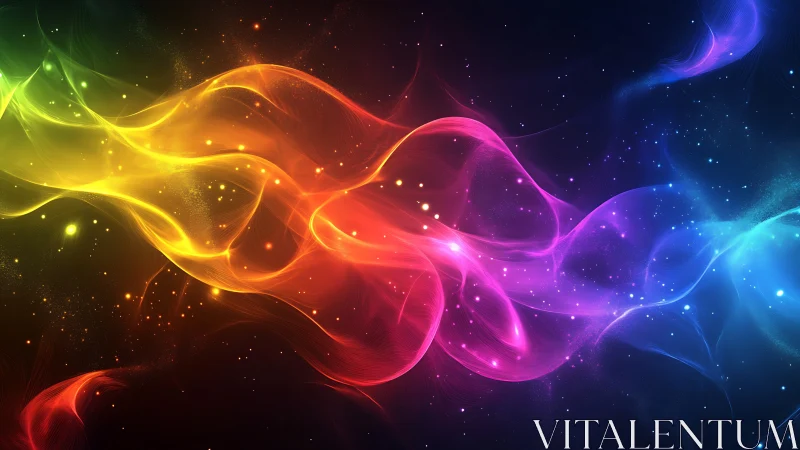 Colorful cosmic ribbons drift gently across a starlit void