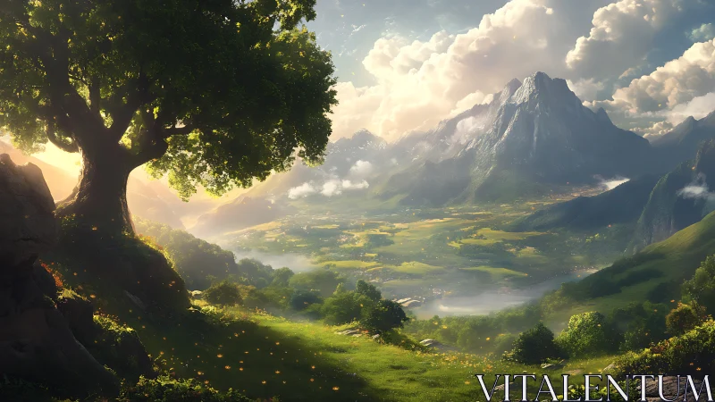 Tree-lined hillside overlooking expansive mountain valley.