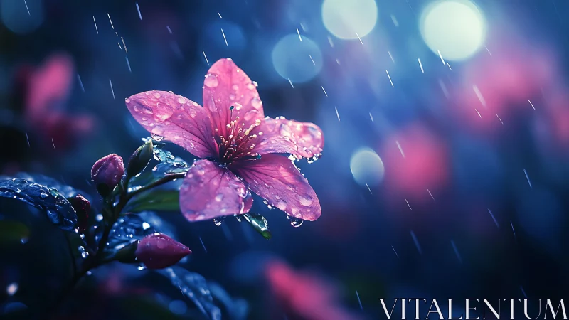Pink Flower Dancing in the Rain with Glowing Bokeh