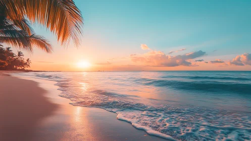Gentle tropical shoreline glows under a calm pastel sunset