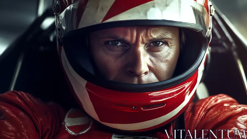 Racing driver locks eyes with camera in tense cockpit close-up