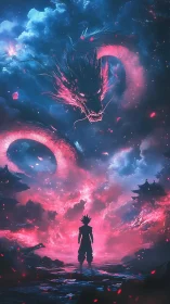 Celestial dragon eclipse above lone anime warrior silhouette.